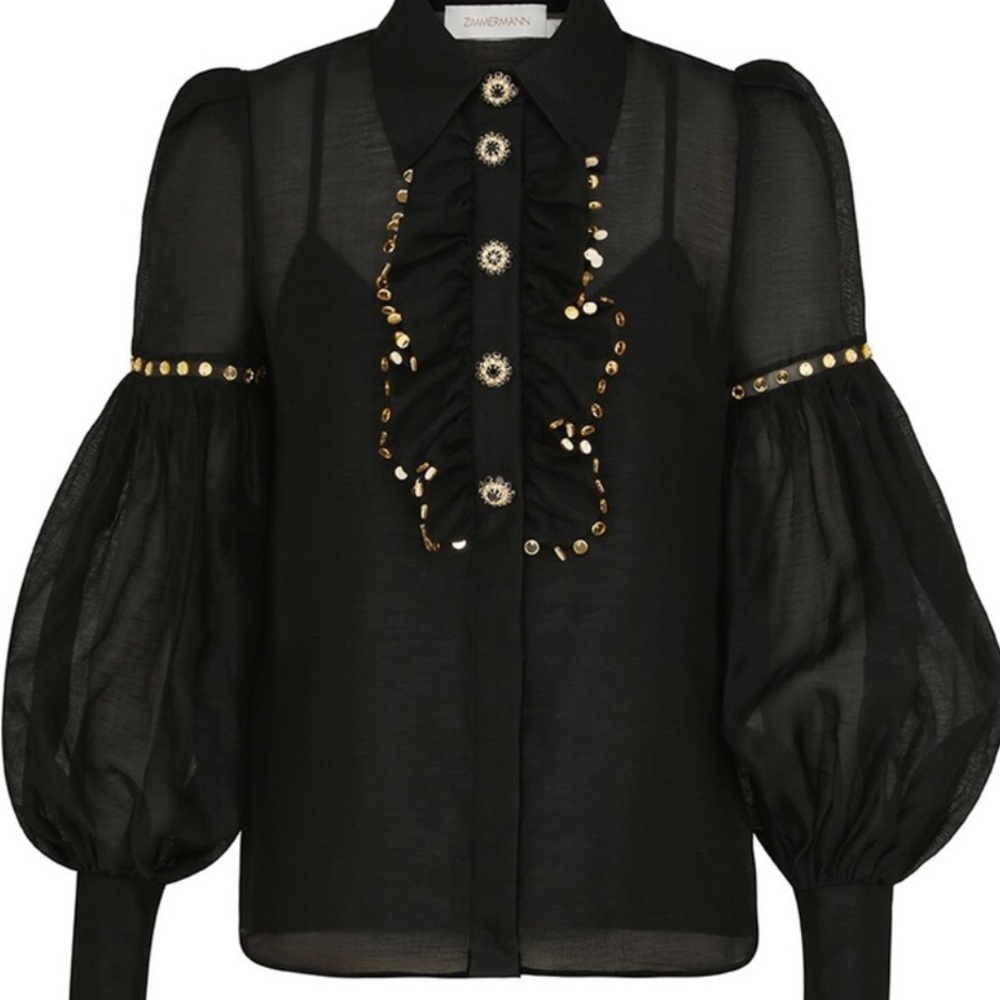 Zimmermann Black Gold Embellished Ruffled Blouse
